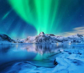 Poster Aurora borealis over besneeuwde bergen, bevroren zeekust en reflectie in water op de Lofoten-eilanden, Noorwegen. Noorderlicht. Winterlandschap met poollicht, ijs in water. Sterrenhemel met aurora © den-belitsky
