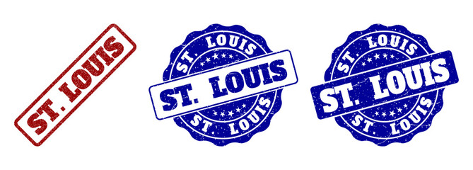 ST. LOUIS scratched stamp seals in red and blue colors. Vector ST. LOUIS labels with scratced effect. Graphic elements are rounded rectangles, rosettes, circles and text labels.