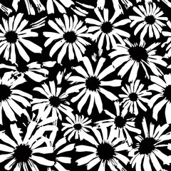 Daisies black and white pattern. Seamless floral pattern with daisy flowers. Simple floral background. Wildflower. Contrast striped summer pattern
