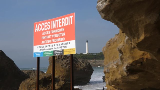 Acces Interdit. Access forbidden to dangerous part of beach. Biarritz, France.