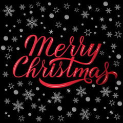 Merry Christmas greeting card. Hand drawn lettering. Gold Holidays pattern with snowflakes and dots. Christmas party typography poster.