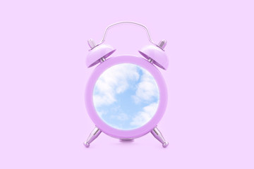 Pink clock with blue sky on pastel pink background. Happy time, time to dream. Minimal creative concept.