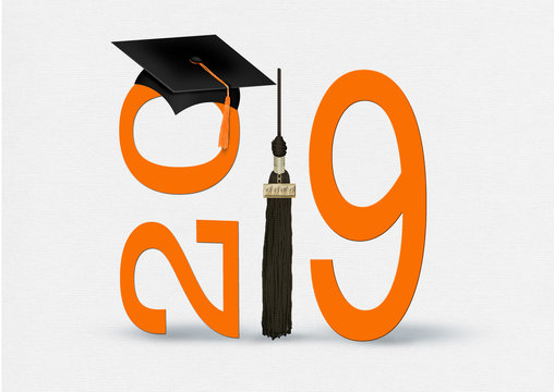 black graduation cap and tassel with bold orange 2019 numbers on soft white textured background