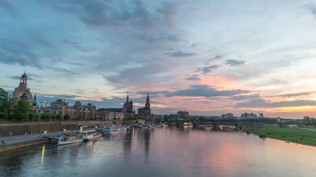 Dresden Germany time lapse 4K, city skyline sunset timelapse at Elbe River