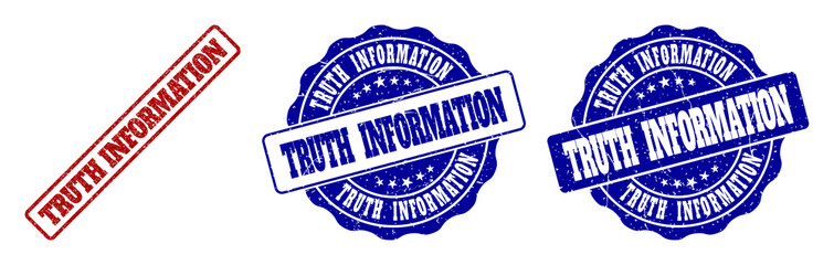 TRUTH INFORMATION grunge stamp seals in red and blue colors. Vector TRUTH INFORMATION watermarks with grunge surface. Graphic elements are rounded rectangles, rosettes, circles and text tags.
