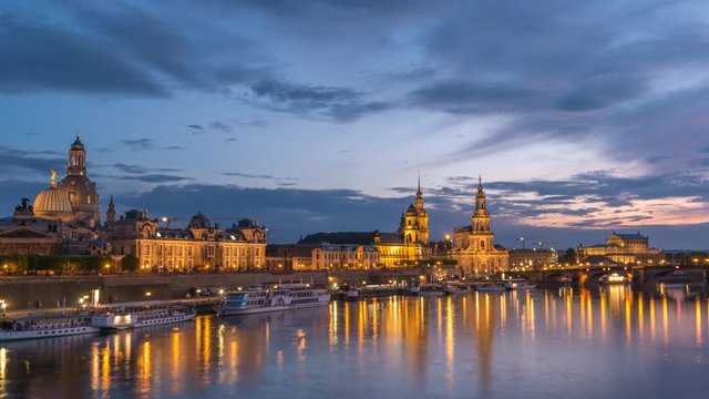 Dresden Germany time lapse 4K, city skyline day to night timelapse at Elbe River