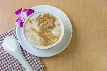 Thai dessert, rice noodles made of rice eaten with coconut cream, sweet food, focus Taro