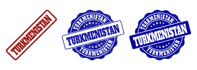 TURKMENISTAN grunge stamp seals in red and blue colors. Vector TURKMENISTAN marks with grunge texture. Graphic elements are rounded rectangles, rosettes, circles and text tags.