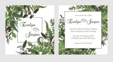 set for wedding invitation, greeting card, save date, banner. Vintage square frame with green fern leaf, boxwood and eucalyptus sprigs isolated on white background