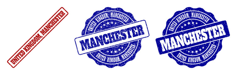 Fototapeta premium UNITED KINGDOM, MANCHESTER scratched stamp seals in red and blue colors. Vector UNITED KINGDOM, MANCHESTER imprints with scratced texture. Graphic elements are rounded rectangles, rosettes,