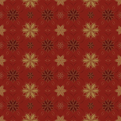 Fototapeta premium Seamless floral pattern with abstract flowers based on Arabic geometric ornaments. Geometric floral background in red and gold colors