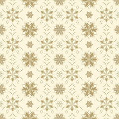 Fototapeta premium Seamless floral pattern with abstract flowers based on Arabic geometric ornaments. Geometric floral background in gold-beige colors