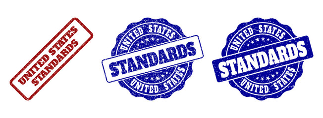 UNITED STATES STANDARDS grunge stamp seals in red and blue colors. Vector UNITED STATES STANDARDS labels with draft texture. Graphic elements are rounded rectangles, rosettes, circles and text labels.