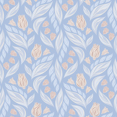 Seamless vector floral pattern with abstract flowers and leaves in pastel pink and white colors on blue background