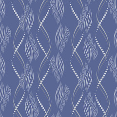 Seamless vector floral pattern with abstract leaves and wavy lines in white colors on blue background