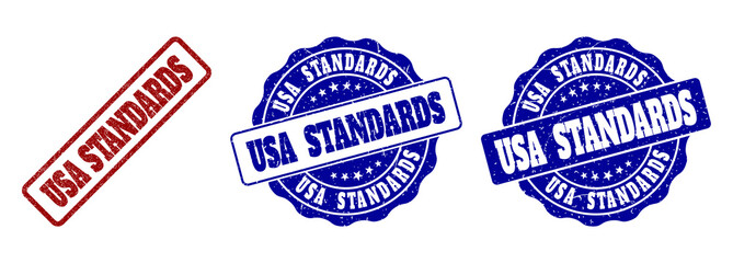 USA STANDARDS grunge stamp seals in red and blue colors. Vector USA STANDARDS imprints with dirty effect. Graphic elements are rounded rectangles, rosettes, circles and text tags.