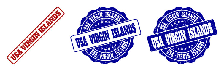Fototapeta premium USA VIRGIN ISLANDS grunge stamp seals in red and blue colors. Vector USA VIRGIN ISLANDS labels with scratced texture. Graphic elements are rounded rectangles, rosettes, circles and text labels.