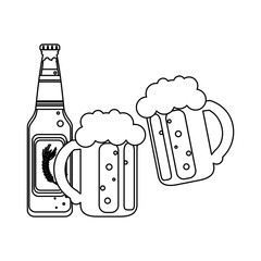 Beer bottle and cups in black and white