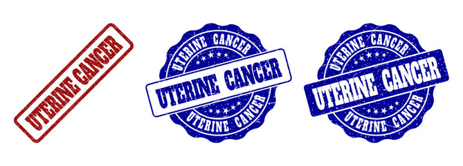 UTERINE CANCER grunge stamp seals in red and blue colors. Vector UTERINE CANCER overlays with grunge effect. Graphic elements are rounded rectangles, rosettes, circles and text captions.