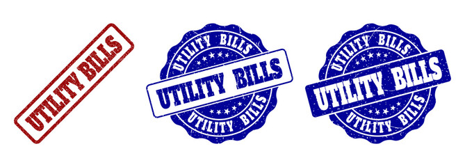 UTILITY BILLS grunge stamp seals in red and blue colors. Vector UTILITY BILLS marks with grunge surface. Graphic elements are rounded rectangles, rosettes, circles and text tags.