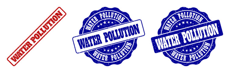 WATER POLLUTION grunge stamp seals in red and blue colors. Vector WATER POLLUTION labels with draft effect. Graphic elements are rounded rectangles, rosettes, circles and text labels.