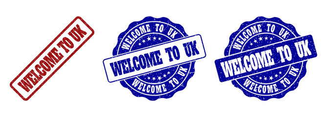 WELCOME TO UK grunge stamp seals in red and blue colors. Vector WELCOME TO UK labels with dirty effect. Graphic elements are rounded rectangles, rosettes, circles and text labels.