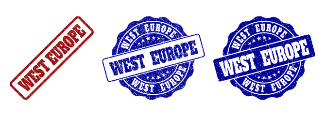 WEST EUROPE grunge stamp seals in red and blue colors. Vector WEST EUROPE labels with distress style. Graphic elements are rounded rectangles, rosettes, circles and text labels.