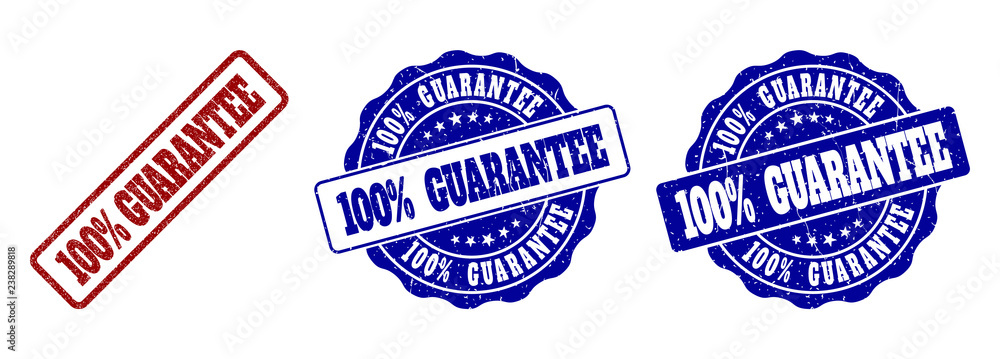 Poster 100% guarantee grunge stamp seals in red and blue colors. vector 100% guarantee marks with grunge su