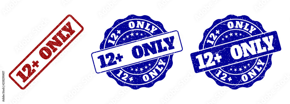 Poster 12+ only grunge stamp seals in red and blue colors. vector 12+ only labels with distress effect. gra
