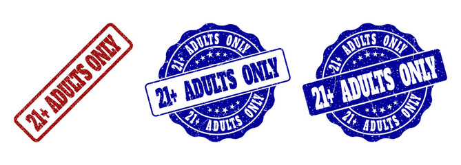21+ ADULTS ONLY scratched stamp seals in red and blue colors. Vector 21+ ADULTS ONLY labels with distress effect. Graphic elements are rounded rectangles, rosettes, circles and text captions.