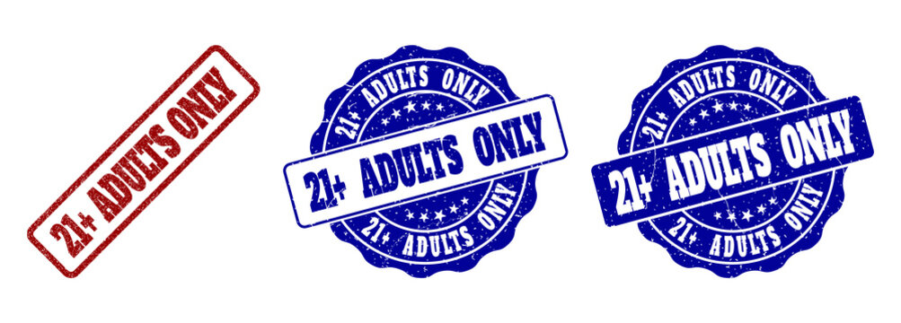 21+ ADULTS ONLY scratched stamp seals in red and blue colors. Vector 21+ ADULTS ONLY labels with distress effect. Graphic elements are rounded rectangles, rosettes, circles and text captions.