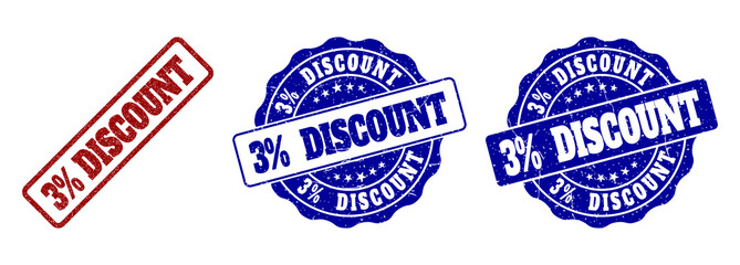 3% DISCOUNT scratched stamp seals in red and blue colors. Vector 3% DISCOUNT labels with grunge style. Graphic elements are rounded rectangles, rosettes, circles and text labels.