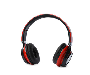 Stylish modern headphones with earmuffs on white background