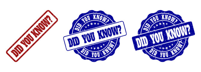 DID YOU KNOW? grunge stamp seals in red and blue colors. Vector DID YOU KNOW? labels with scratced style. Graphic elements are rounded rectangles, rosettes, circles and text labels.