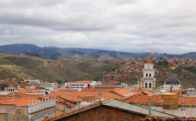 Fototapeta na wymiar Skyline over Sucre, bolivia. Aerial view over the capital city.