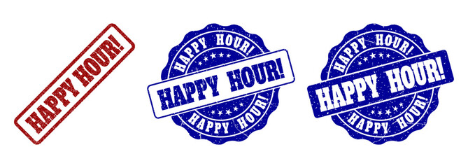 HAPPY HOUR! grunge stamp seals in red and blue colors. Vector HAPPY HOUR! labels with grunge surface. Graphic elements are rounded rectangles, rosettes, circles and text tags.