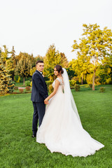portrait of the bride and groom in nature, beautiful couple in love