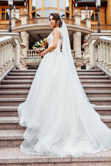 portrait of a beautiful bride on the steps, in a white dress