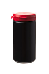 black plastic jar with colored lid isolated on white