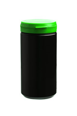 black plastic jar with colored lid isolated on white