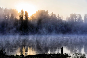 Fog Above the River with Fisherman
