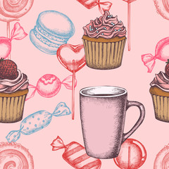 Seamless pattern with colored lollipop, macaron, candies, cupcakes, tea cup