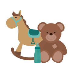 teddy and wooden horse and bottle