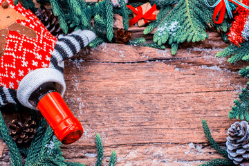 Red wine for Christmas and Happy New Year party. Winter season holiday with snow and decoration.
