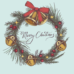 Vector composition with colored bells, jingles, bow, rowan, lettering, pine branch, spruce, redwood
