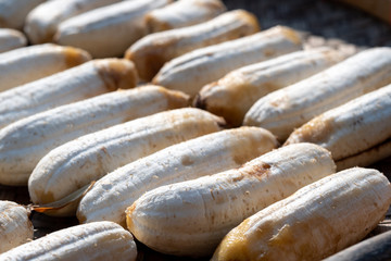 Close up banana on threshing basket under direct sunlight to be dried bananas. Is food in Thailand is often made from Cultivated banana.