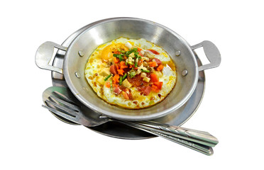 Egg pan or kai-ka-ta breakfast or of Thai people more famous in North-eastern Thailand also common for Vietnamese and Laos people. isolated on white background, clipping path.