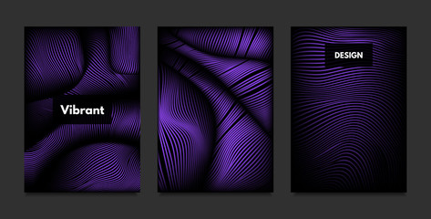 Wave. Abstract Geometry. Cover Design Templates Set with 3d Effect. Vibrant Gradient with Wavy Lines. Trendy Purple Futuristic Illustration with Distortion. Vector Wave for Brochure, Business, Poster.