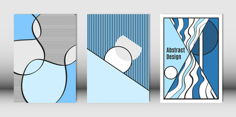 Templates Set with Bauhaus and Geometric Elements in Blue, White and Black Colors. Placards Set with Wavy Stripes, Triangles and Abstract Vector Shapes. Covers for Brochures, Poster, Magazine, Layout. - obrazy, fototapety, plakaty