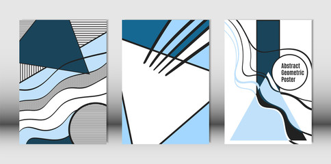 Templates Set with Bauhaus and Geometric Elements in Blue, White and Black Colors. Placards Set with Wavy Stripes, Triangles and Abstract Vector Shapes. Covers for Brochures, Poster, Magazine, Layout.